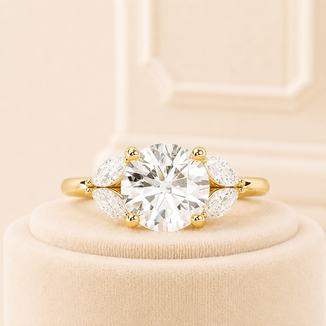 Round Diamond Engagement Ring, Marquise Side Stone Ring, Lab Grown Diamond Engagement Ring, Yellow Gold Floral Ring, Unique Cluster Ring