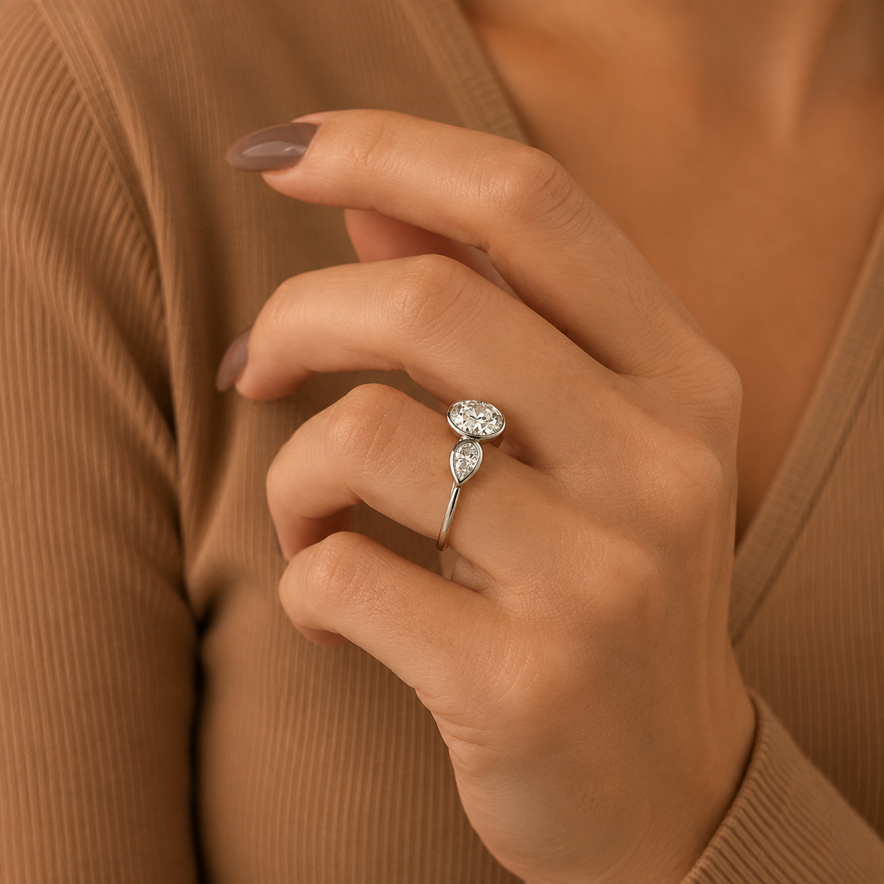 Round Cut Lab Grown Diamond Ring, Pear Side Stone Ring, Modern Gold Engagement Ring, Minimalist Bridal Ring, Anniversary Gift