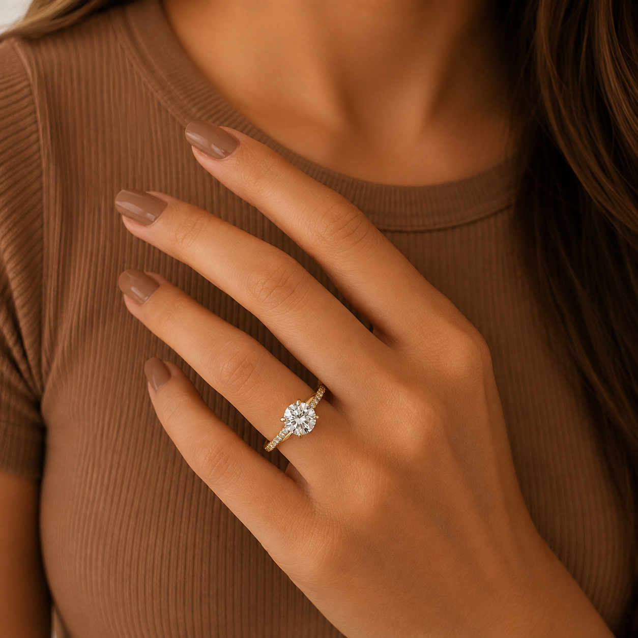 Round Solitaire Diamond Engagement Ring, Pavé Diamond Band Ring, Lab Grown Diamond Ring, Wedding Ring, Bridal Ring, Proposal Ring