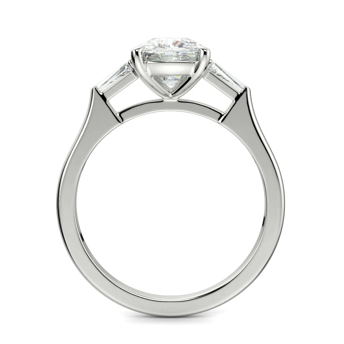 Cushion Cut Lab Grown Engagement Ring, Tapered Baguette Three Stone Ring, White Gold Lab Diamond Wedding Ring, Classic Promise Ring Her