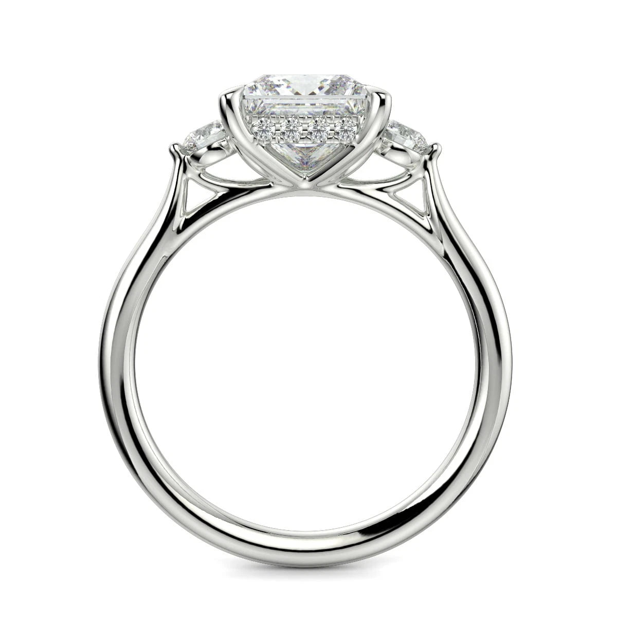 Princess Cut Lab Grown Diamond Engagement Ring, 3 Stone Hidden Halo Square Diamond Ring, Round Side Stone Wedding Ring, White Gold Gift