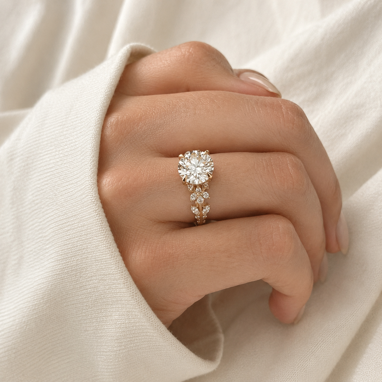 Round Brilliant Cut Engagement Ring, Floral Diamond Ring, Nature Inspired Gold Ring, Vintage Style Wedding Ring, Dainty Statement Ring