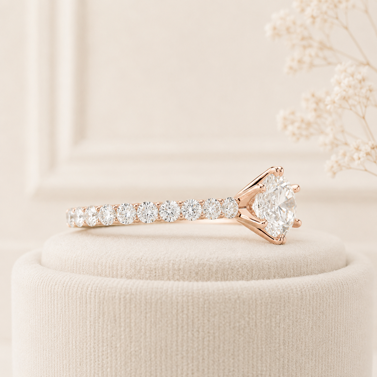 Round Cut Lab Grown Diamond Engagement Ring, Pavé Band Ring, Rose Gold Bridal Ring, 6 Prong Solitaire Ring, Wedding Gift