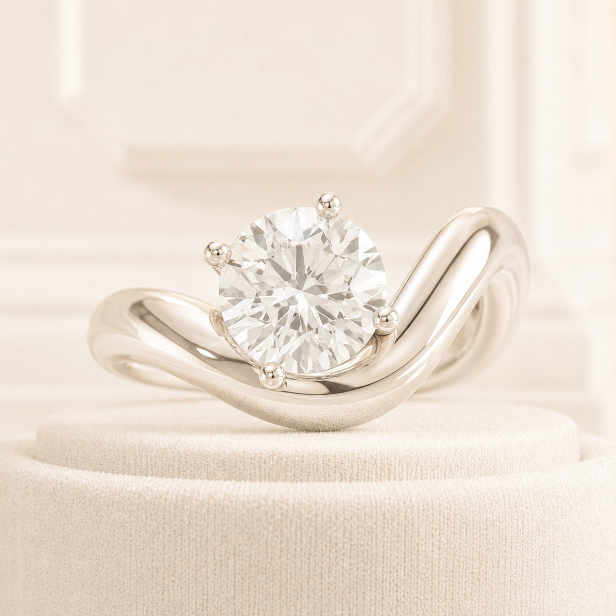 Round Cut Lab Grown Diamond Engagement Ring, Unique Gold Solitaire Ring, Curved Band Ring, Modern Bridal Ring, Statement Ring