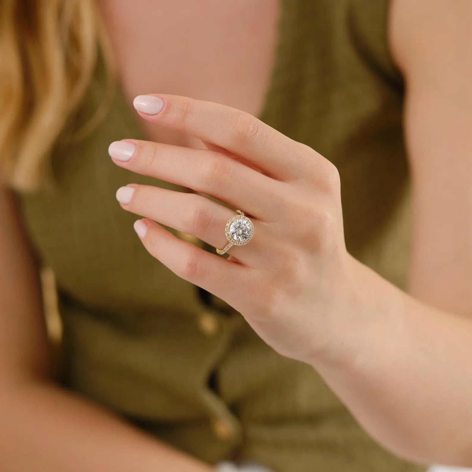 Round Halo Lab Grown Diamond Engagement Ring, Yellow Gold Halo Solitaire Ring, IGI Certified Diamond Ring, Pave Band, Halo Diamond Ring