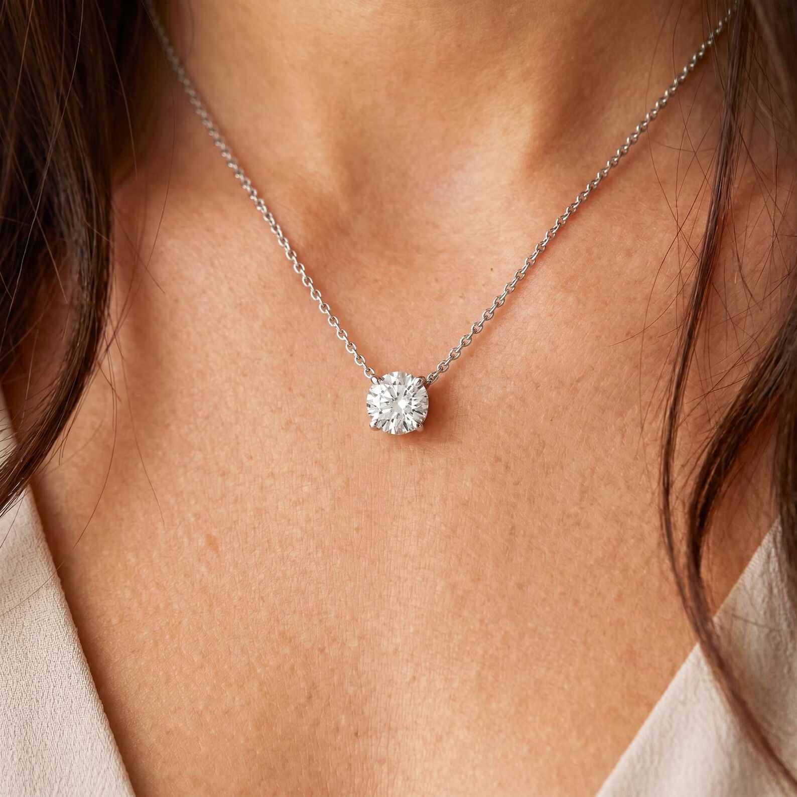 Floating Diamond Necklace Solitaire Pendant Round Cut Lab Grown Diamond Solid Gold