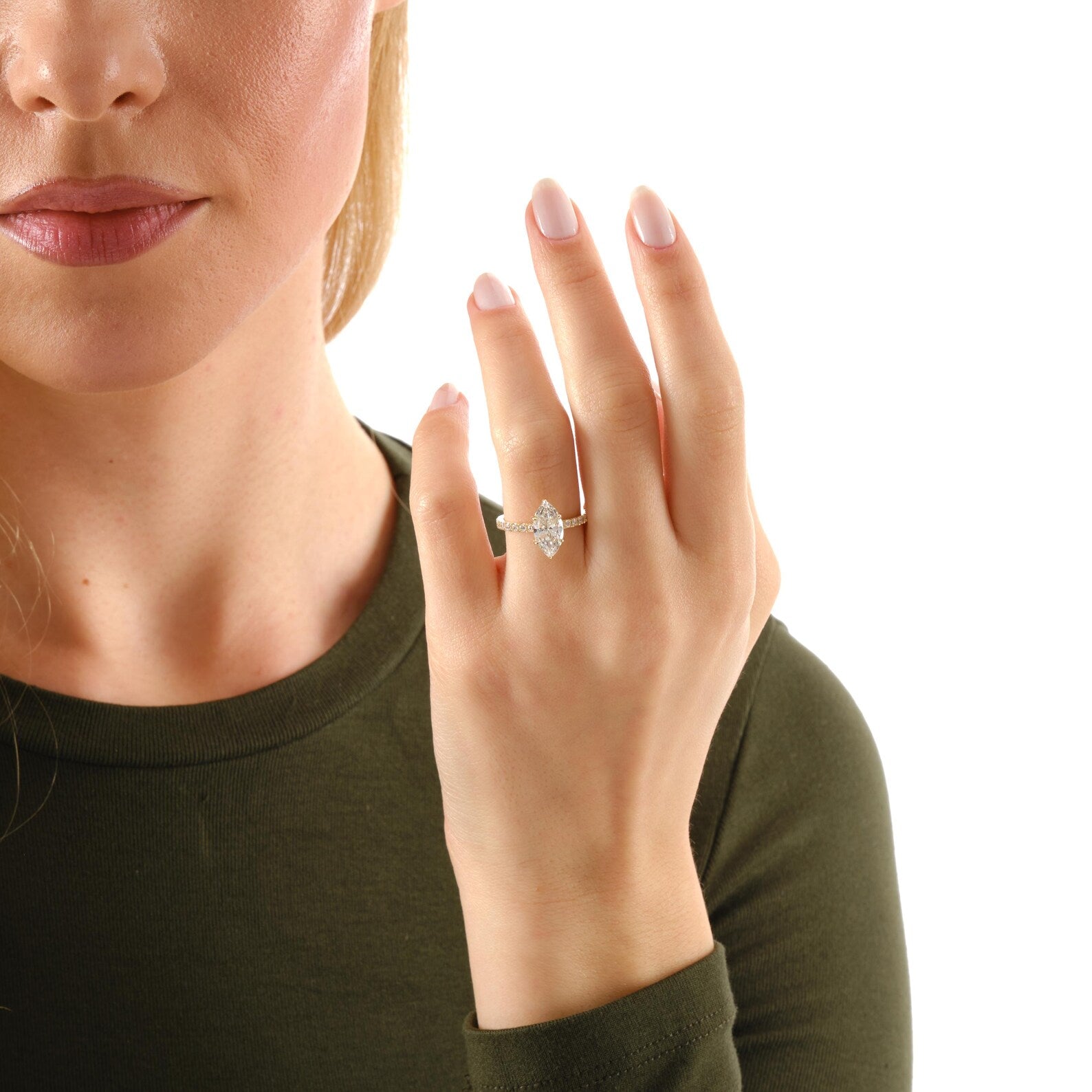 Marquise Cut Lab Grown Diamond Engagement Ring, Yellow Gold Solitaire Ring, Pave Band, Promise Ring, Lab Grown Diamond Ring