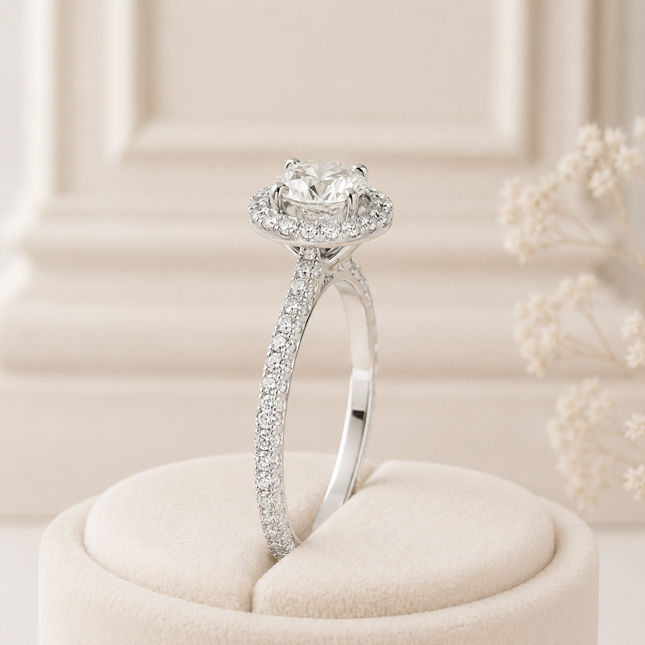 Round Halo Diamond Engagement Ring, Round Brilliant Cut Ring, Halo Wedding Ring, Diamond Pave Band, Classic Solitaire Style Ring