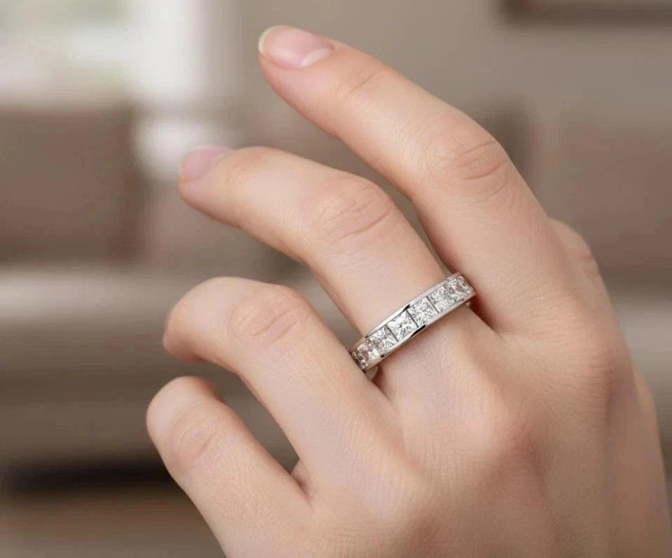 Princess Cut Lab Diamond Channel Set Eternity Band Ring, Wedding Band, Anniversary Ring, Minimalist Diamond Ring, Wedding Ring, Gift for Her