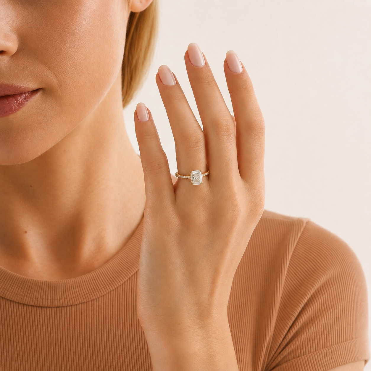 Radiant Cut Diamond Engagement Ring, Hidden Halo Ring, Pave Band Ring, Cushion Style Solitaire Ring, Minimalist Proposal Ring