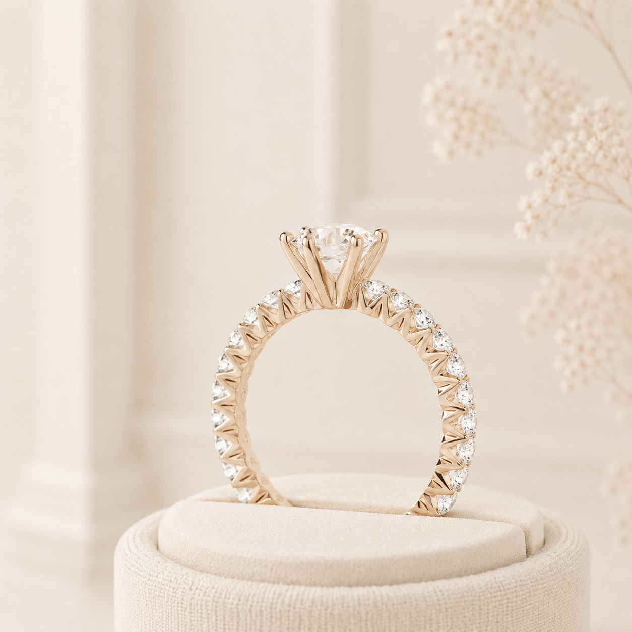 Round Cut Lab Grown Diamond Engagement Ring, Pavé Band Ring, Rose Gold Bridal Ring, 6 Prong Solitaire Ring, Wedding Gift