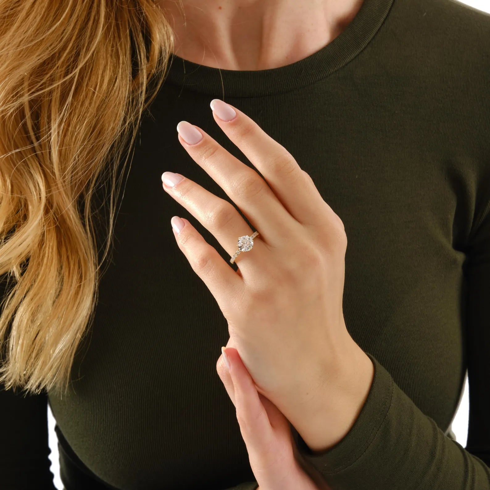 Round Cut Lab Grown Diamond Engagement Ring with Pave Band, Yellow Gold Solitaire Ring, IGI Certified Proposal Ring, Round Solitaire Ring