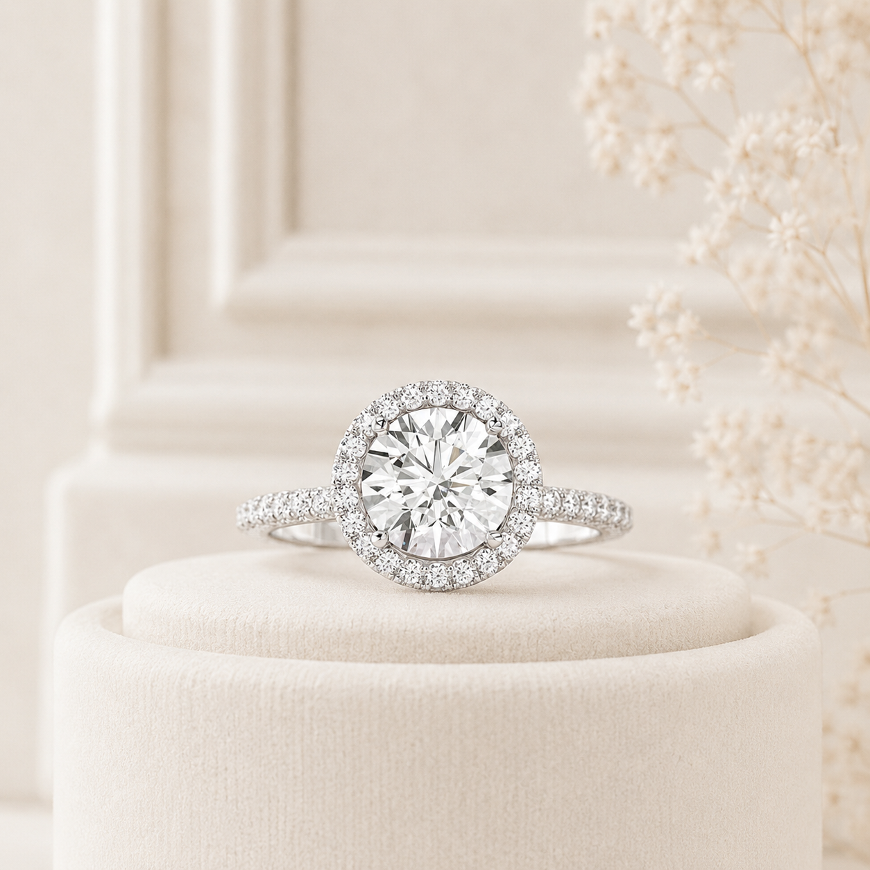 Round Halo Diamond Engagement Ring, Round Brilliant Cut Ring, Halo Wedding Ring, Diamond Pave Band, Classic Solitaire Style Ring