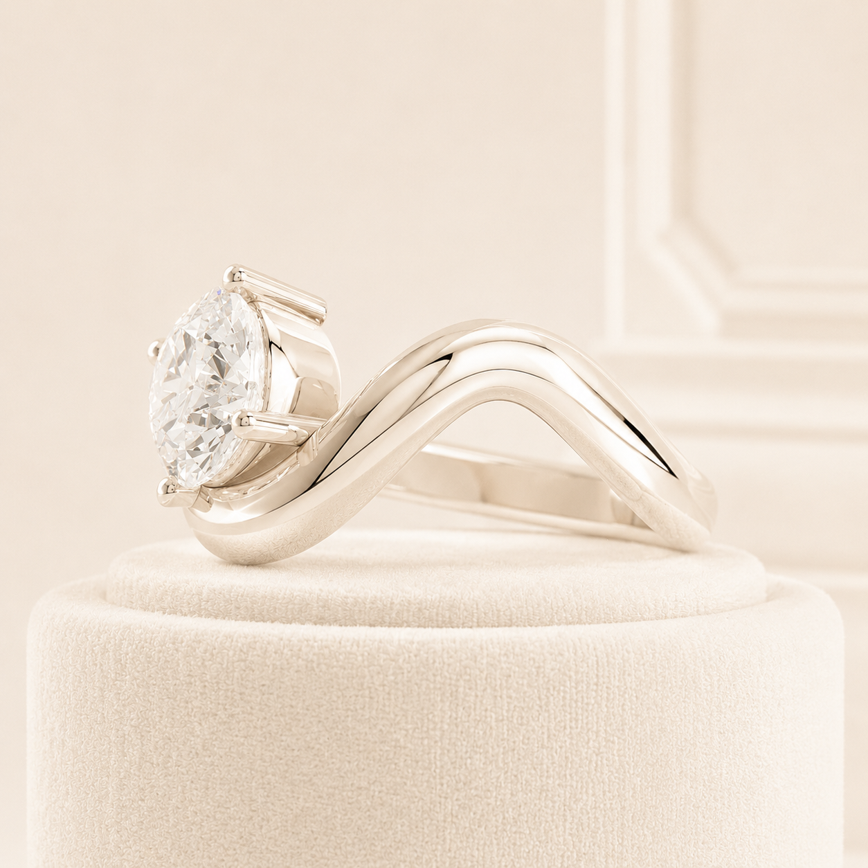 Round Cut Lab Grown Diamond Engagement Ring, Unique Gold Solitaire Ring, Curved Band Ring, Modern Bridal Ring, Statement Ring