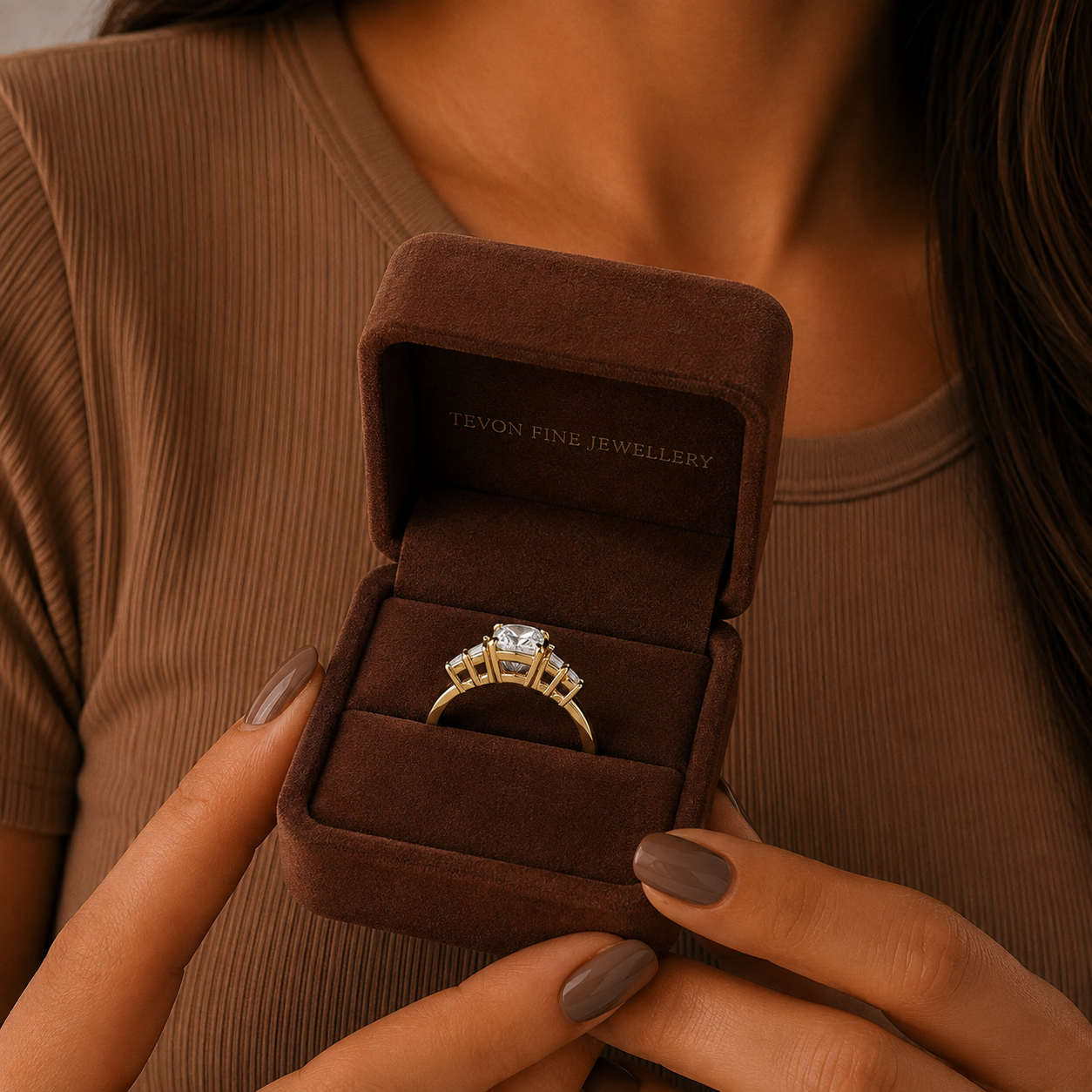 Round Lab Grown Diamond Engagement Ring, Baguette Side Stones, Gold Ring, Three Stone Bridal Ring, Anniversary Gift for Her