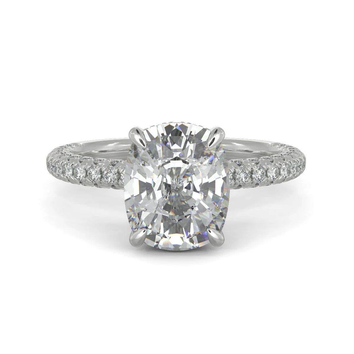 Elongated Cushion Cut Lab Grown Diamond Engagement Ring, Hidden Halo Triple Row Pave Ring, White Gold Anniversary Gift for Women