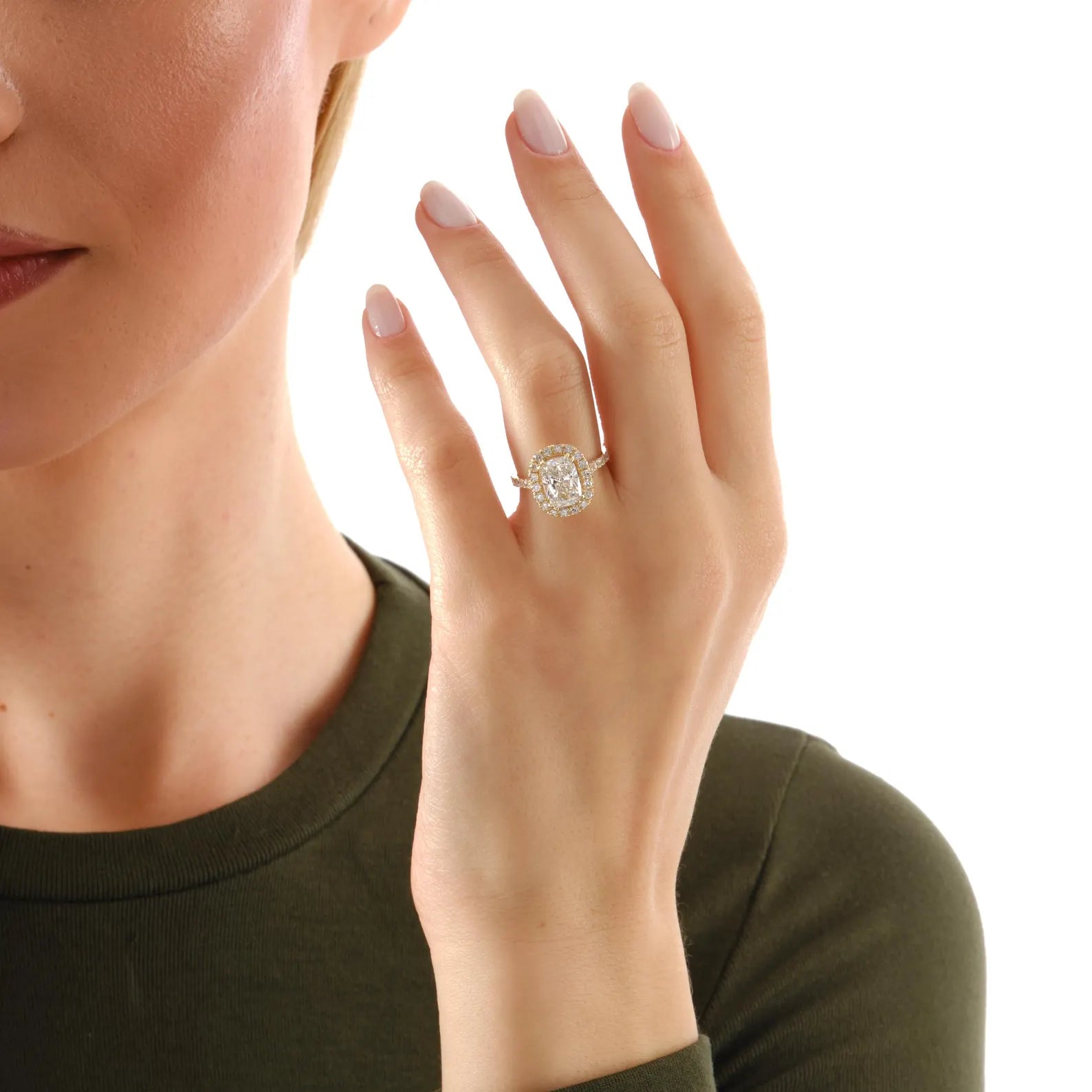 Cushion Cut Lab Grown Diamond Halo Engagement Ring, Cushion Halo Hidden Halo Pave Engagement Ring, Diamond Bridal Ring
