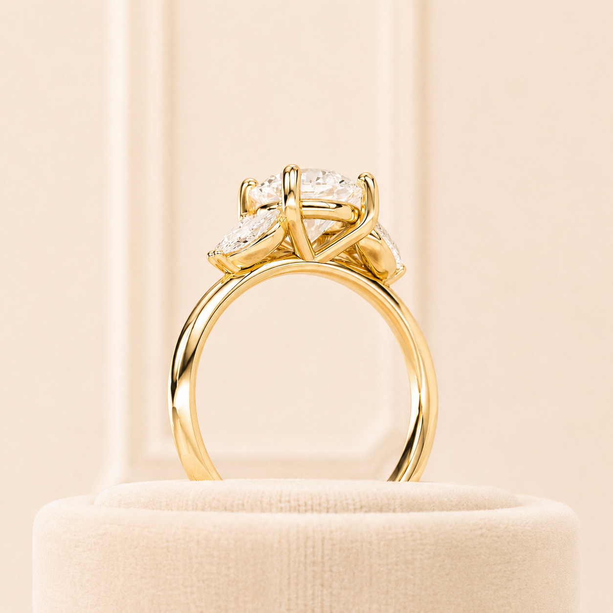 Round Diamond Engagement Ring, Marquise Side Stone Ring, Lab Grown Diamond Engagement Ring, Yellow Gold Floral Ring, Unique Cluster Ring