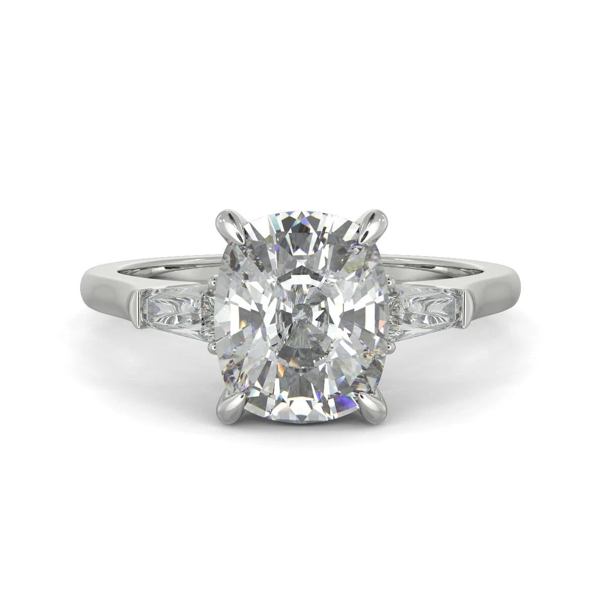 Cushion Cut Lab Grown Engagement Ring, Tapered Baguette Three Stone Ring, White Gold Lab Diamond Wedding Ring, Classic Promise Ring Her