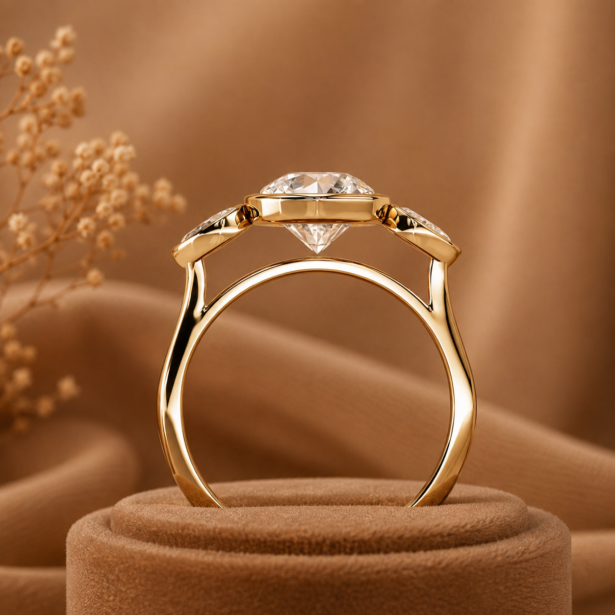 Round Brilliant Diamond Ring, Pear Side Stone Engagement Ring, 3 Stone Gold Ring, Bezel Set Wedding Ring, Minimalist Anniversary Ring