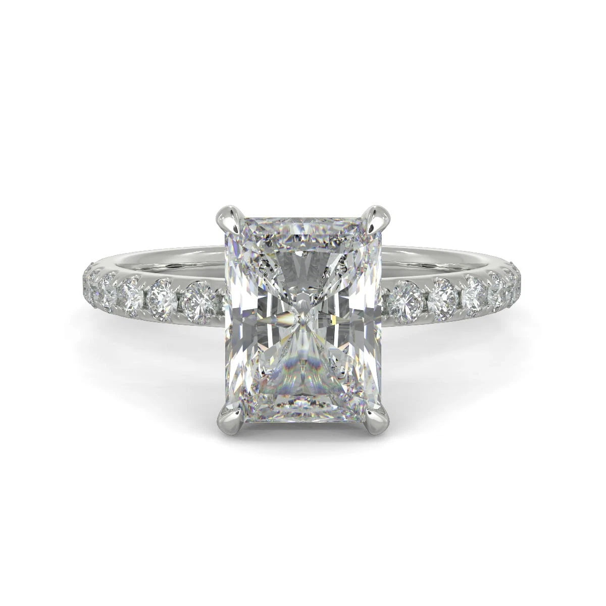 Radiant Cut Lab Grown Engagement Ring, Hidden Halo Diamond Ring, White Gold Pave Wedding Band, Classic 4 Prong Promise Ring for Her