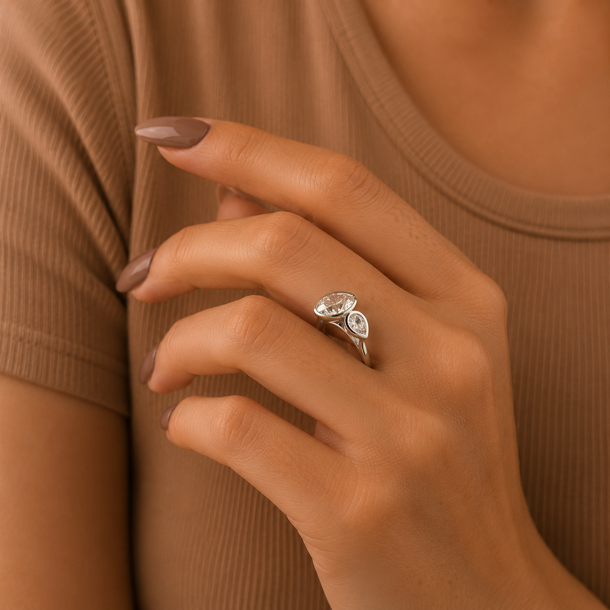 Round Cut Lab Grown Diamond Ring, Pear Side Stone Ring, Modern Gold Engagement Ring, Minimalist Bridal Ring, Anniversary Gift