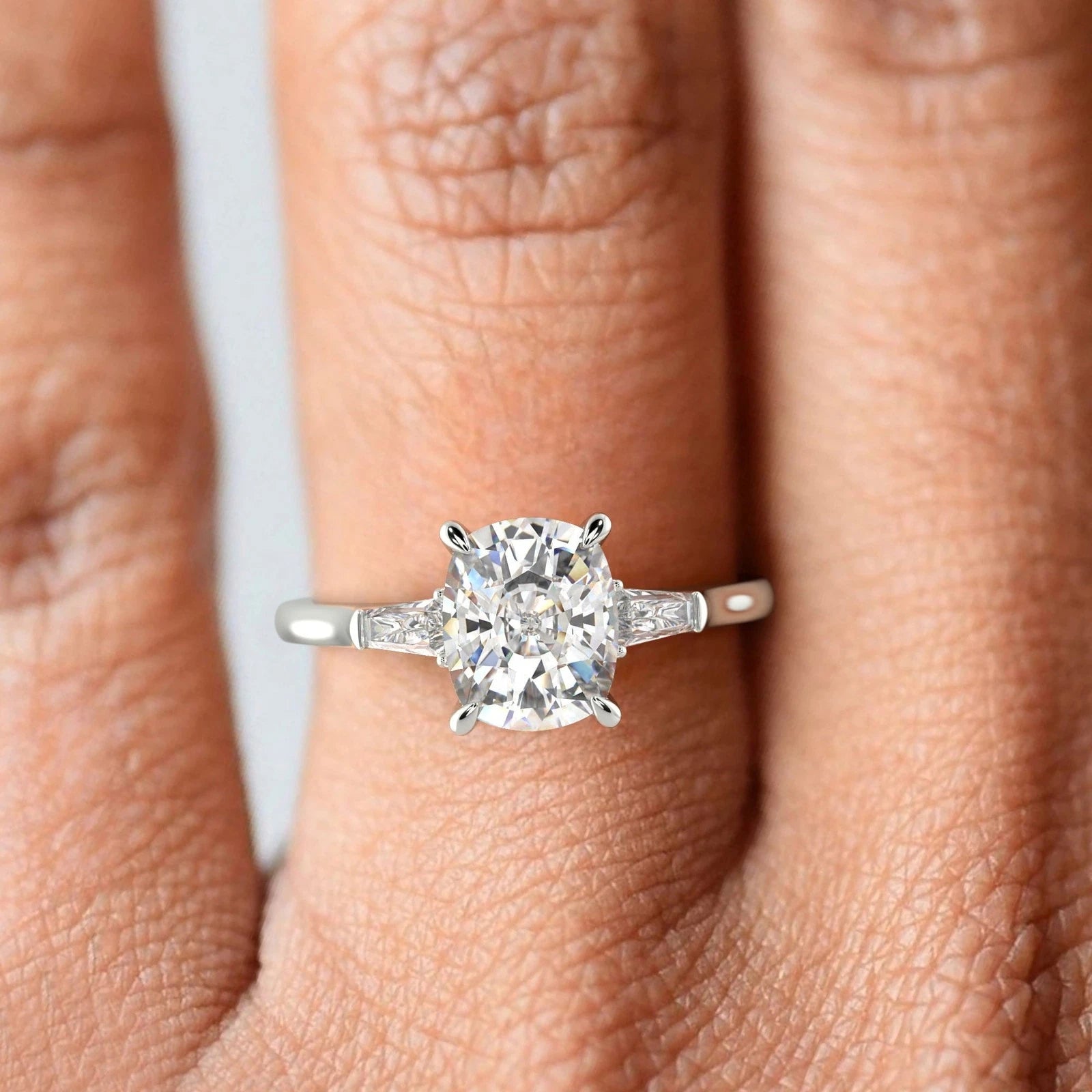 Cushion Cut Lab Grown Engagement Ring, Tapered Baguette Three Stone Ring, White Gold Lab Diamond Wedding Ring, Classic Promise Ring Her