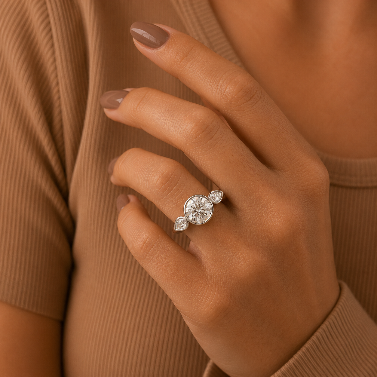 Round Cut Lab Grown Diamond Ring, Pear Side Stone Ring, Modern Gold Engagement Ring, Minimalist Bridal Ring, Anniversary Gift