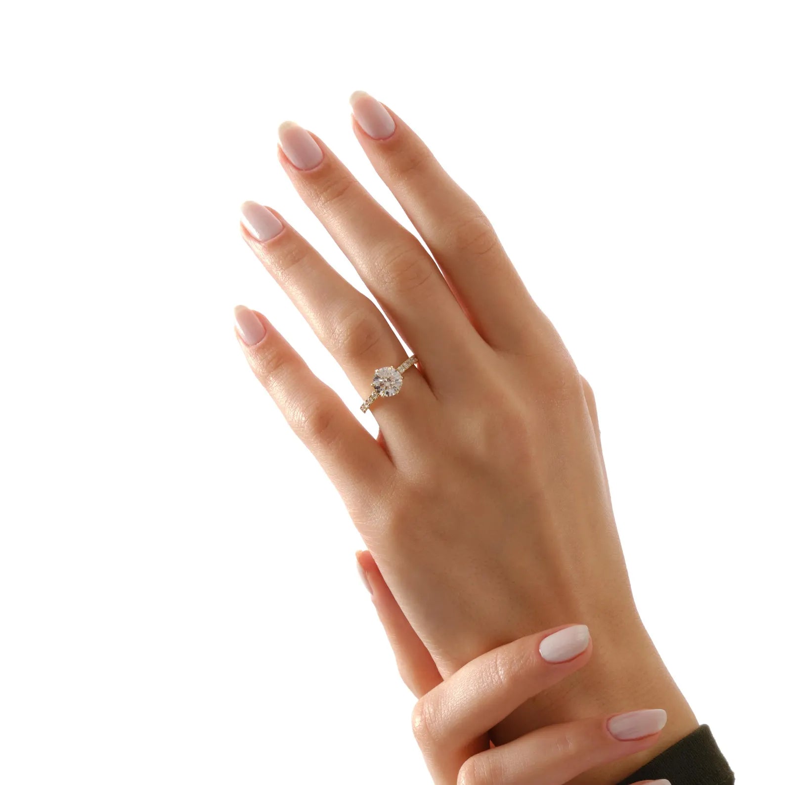 Round Cut Lab Grown Diamond Engagement Ring with Pave Band, Yellow Gold Solitaire Ring, IGI Certified Proposal Ring, Round Solitaire Ring