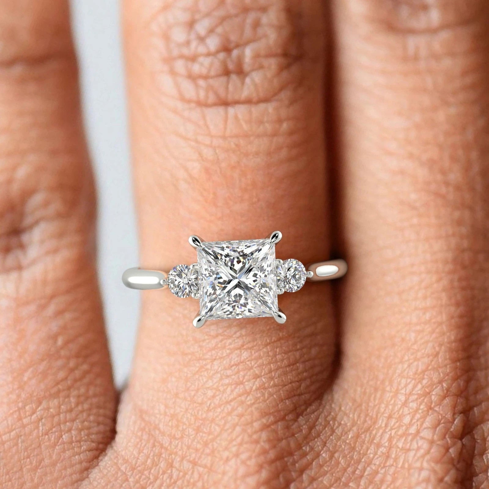 Princess Cut Lab Grown Diamond Engagement Ring, 3 Stone Hidden Halo Square Diamond Ring, Round Side Stone Wedding Ring, White Gold Gift