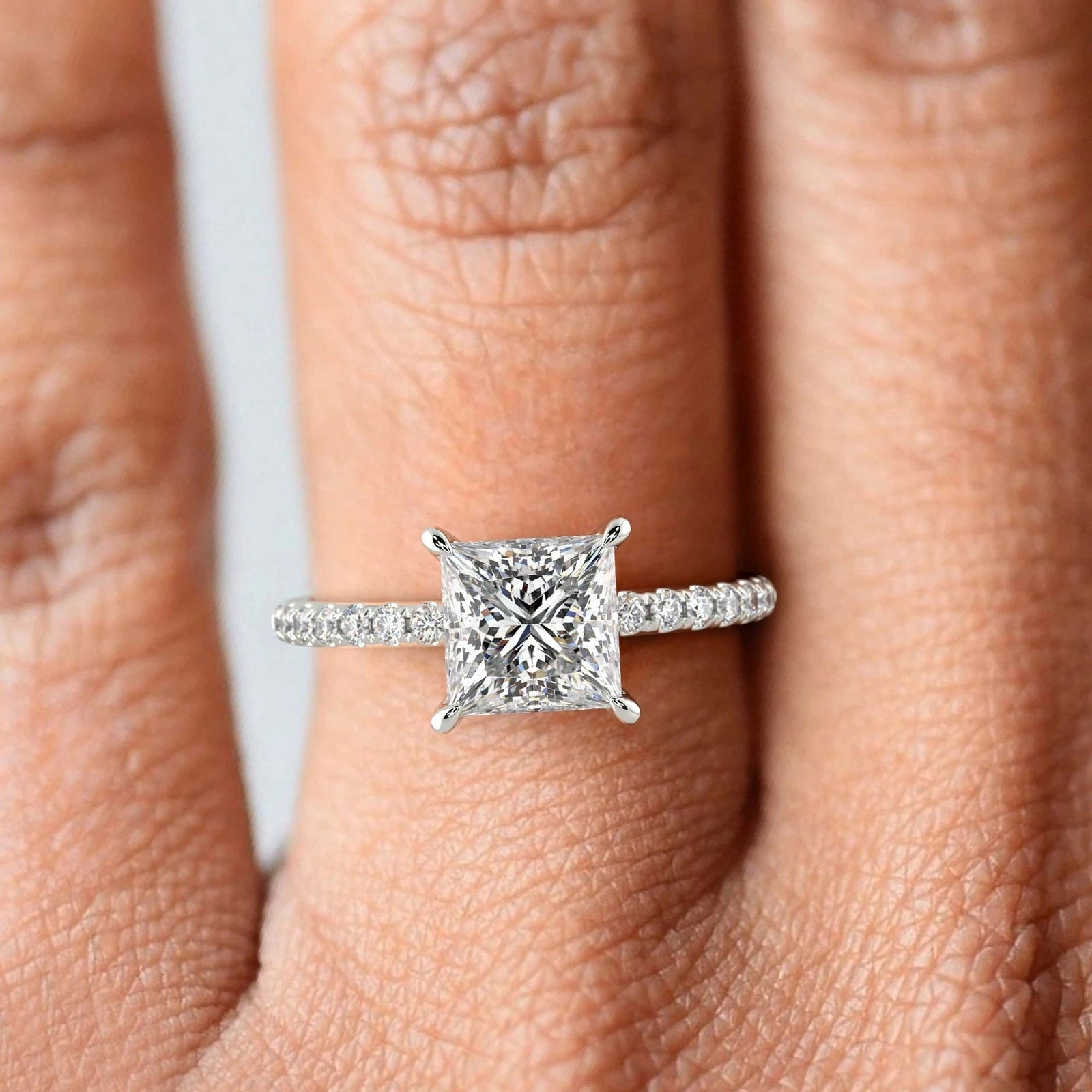Princess Cut Lab Grown Diamond Engagement Ring, Hidden Halo Square Diamond Ring, Pave Band Wedding Ring, White Gold Promise Ring