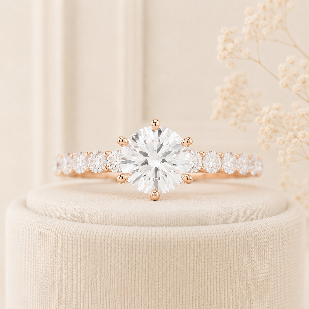 Round Cut Lab Grown Diamond Engagement Ring, Pavé Band Ring, Rose Gold Bridal Ring, 6 Prong Solitaire Ring, Wedding Gift