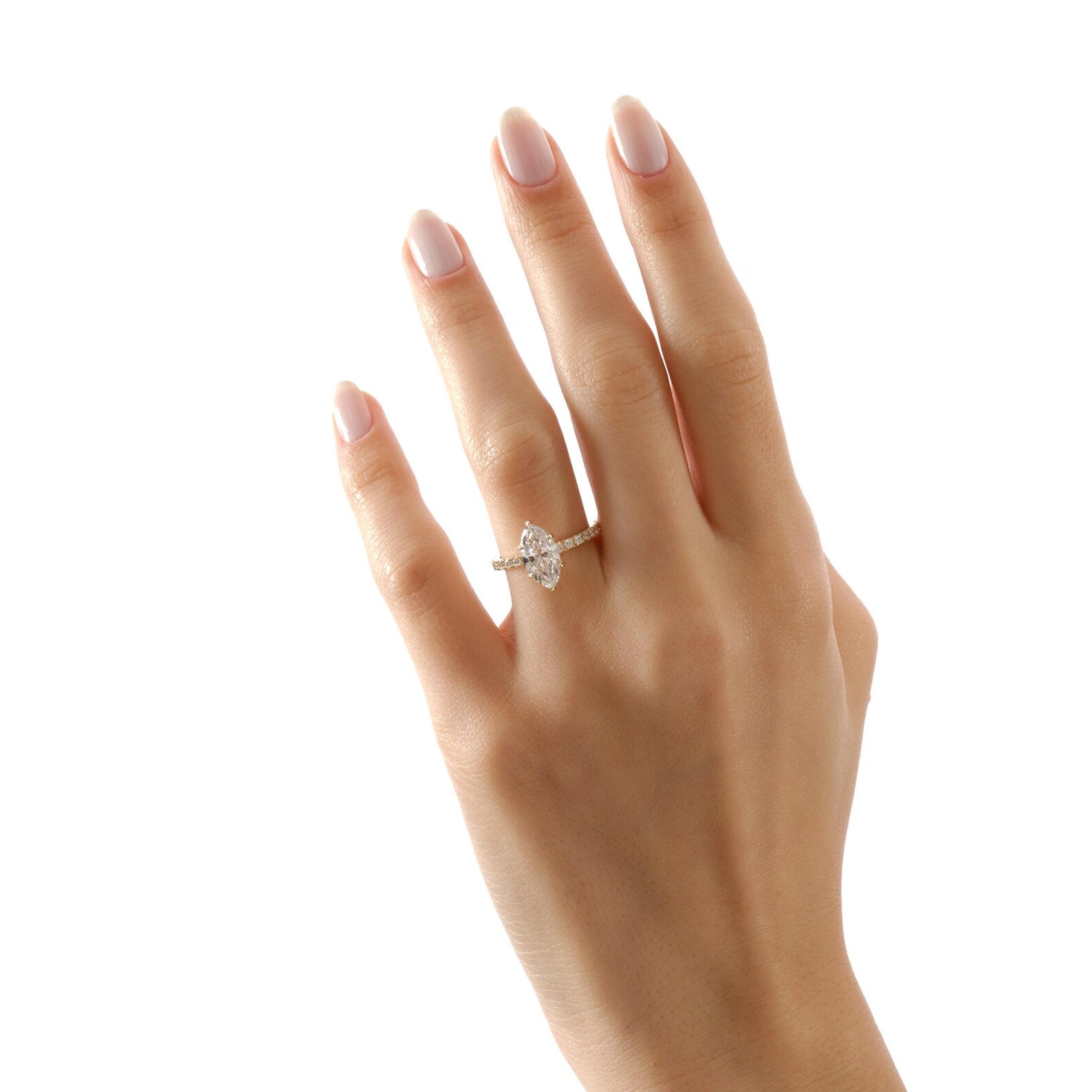 Marquise Cut Lab Grown Diamond Engagement Ring, Yellow Gold Solitaire Ring, Pave Band, Promise Ring, Lab Grown Diamond Ring