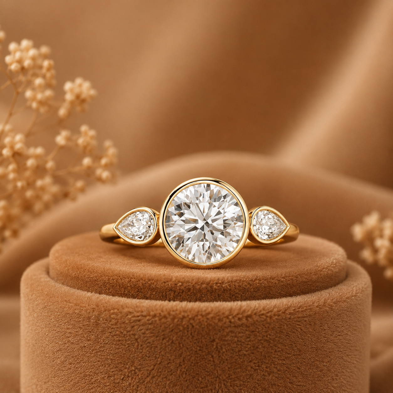 Round Brilliant Diamond Ring, Pear Side Stone Engagement Ring, 3 Stone Gold Ring, Bezel Set Wedding Ring, Minimalist Anniversary Ring