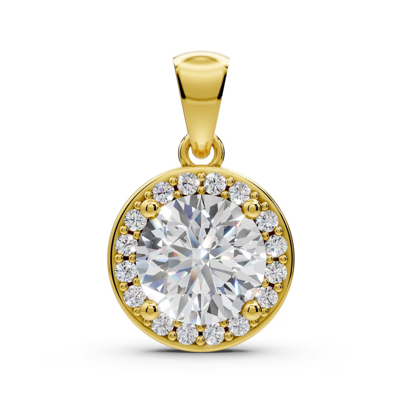 1 CT Round Lab Grown Diamond Halo Pendant, Yellow Gold Diamond Necklace, Solitaire Halo Pendant, Anniversary Gift for Her