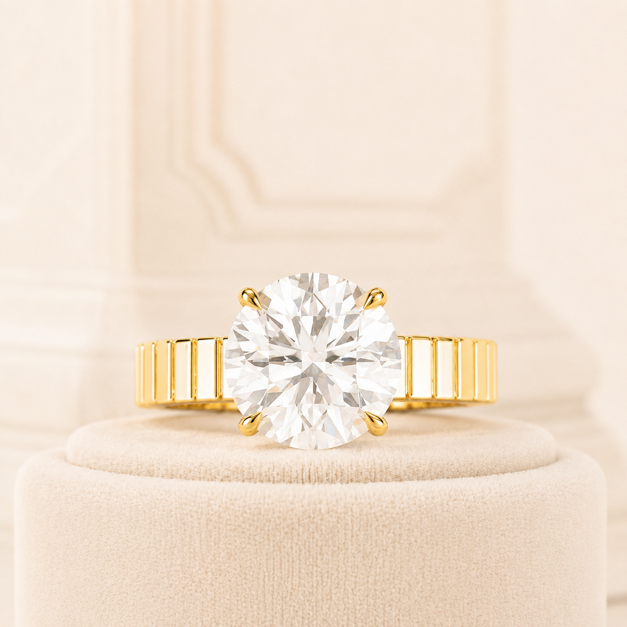 Round Diamond Engagement Ring, Wide Band Solitaire Ring, Lab Grown Diamond Ring, Yellow Gold Engagement Ring, Modern Geometric Ring