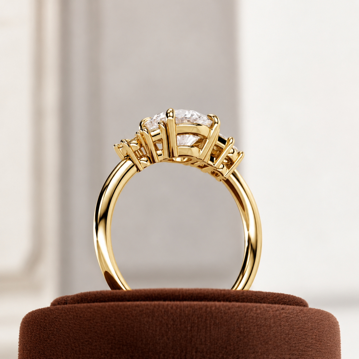 Round Lab Grown Diamond Engagement Ring, Baguette Side Stones, Gold Ring, Three Stone Bridal Ring, Anniversary Gift for Her