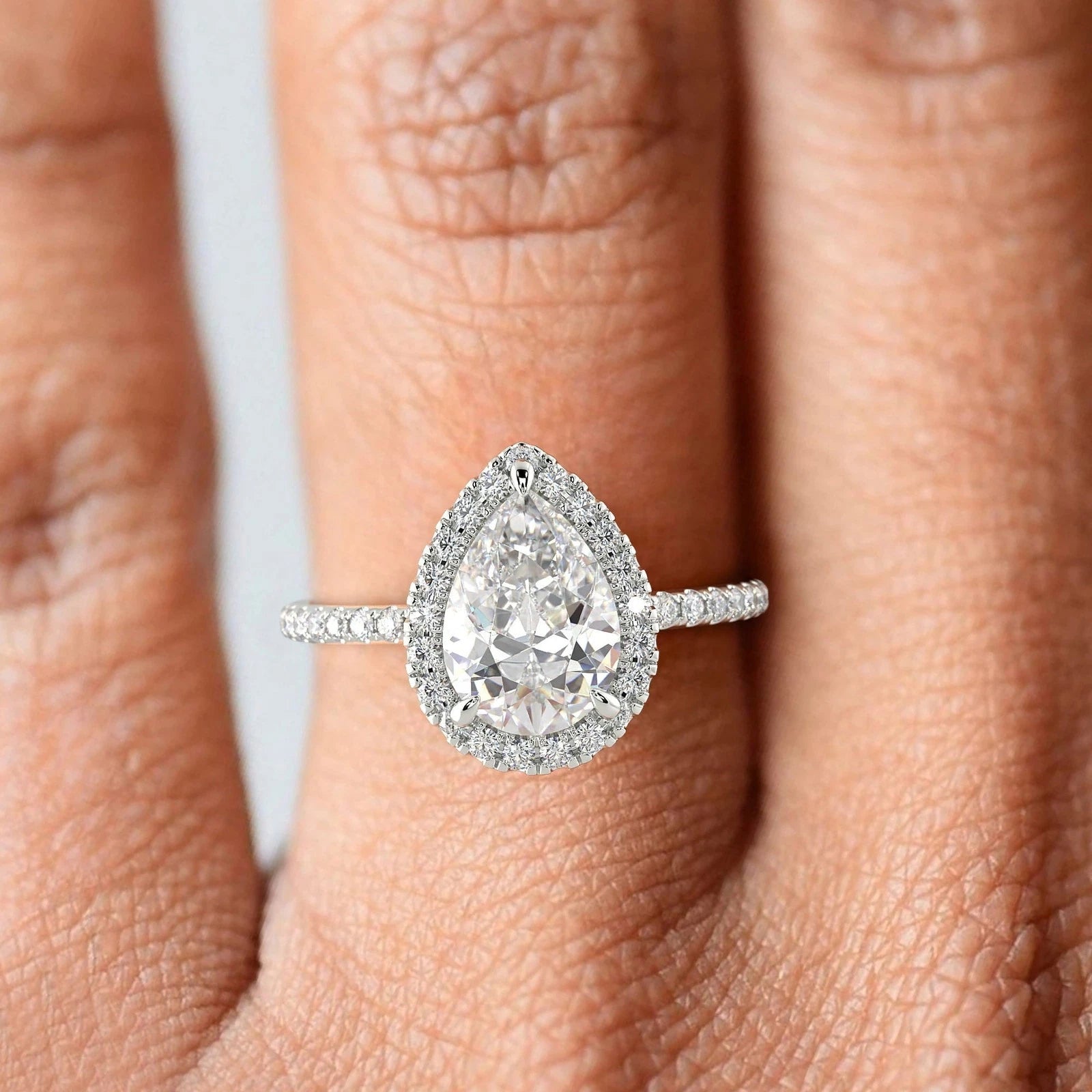 Pear Lab Grown Diamond Halo Engagement Ring, Teardrop Wedding Ring for Women, Pave Cathedral Solitaire, Solid White Gold Gift
