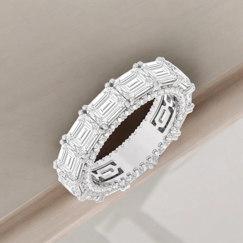 Emerald Cut Lab Diamond Eternity Ring, Halo Eternity Band, Full Eternity Wedding Band, White Gold Anniversary Ring, Bridal Band