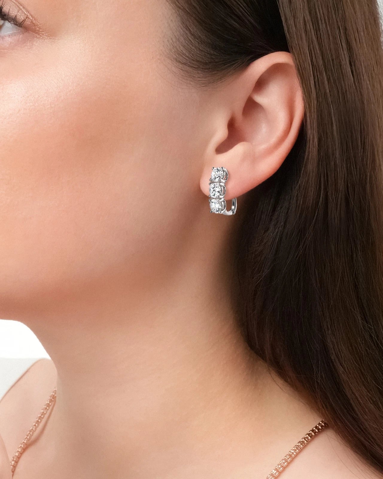 Round Brilliant Cut Lab Grown Diamond Hoop Earrings | 3 Stone Huggie Earrings | Diamond Hoop Earrings | Gold Minimalist Wedding Gift