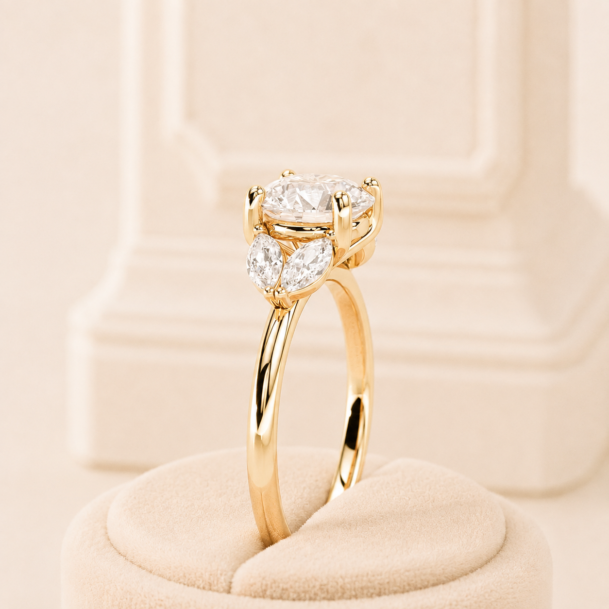 Round Diamond Engagement Ring, Marquise Side Stone Ring, Lab Grown Diamond Engagement Ring, Yellow Gold Floral Ring, Unique Cluster Ring
