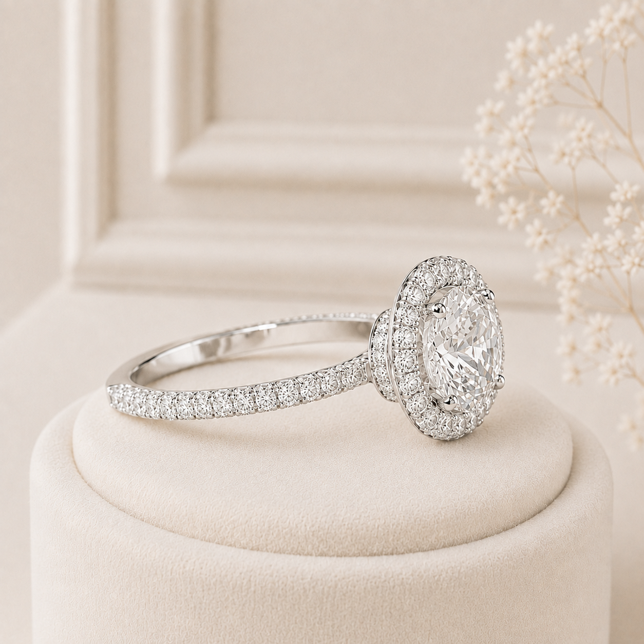 Round Halo Diamond Engagement Ring, Round Brilliant Cut Ring, Halo Wedding Ring, Diamond Pave Band, Classic Solitaire Style Ring