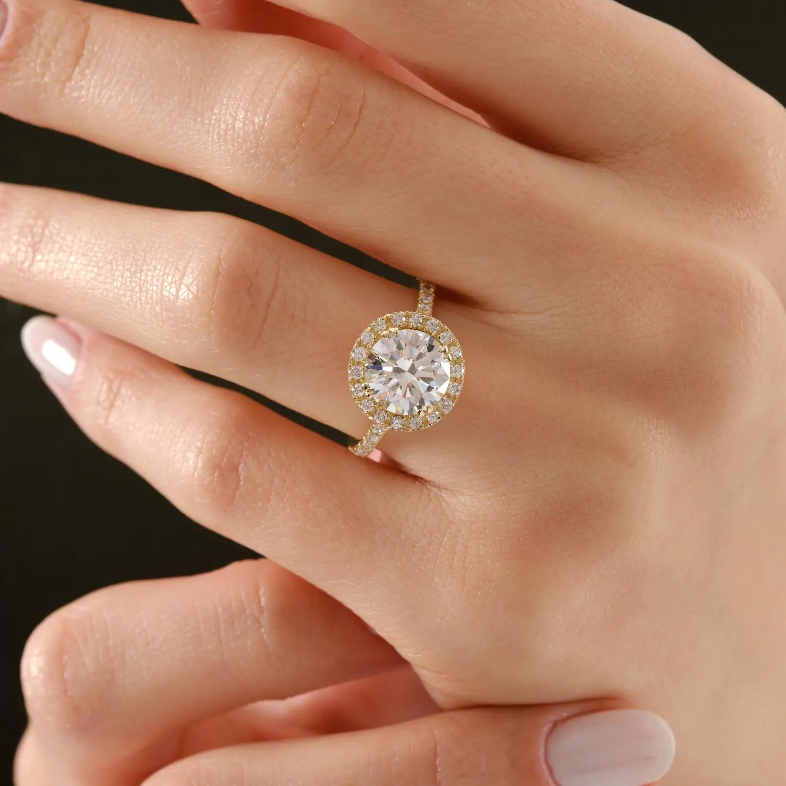 Round Halo Lab Grown Diamond Engagement Ring, Yellow Gold Halo Solitaire Ring, IGI Certified Diamond Ring, Pave Band, Halo Diamond Ring