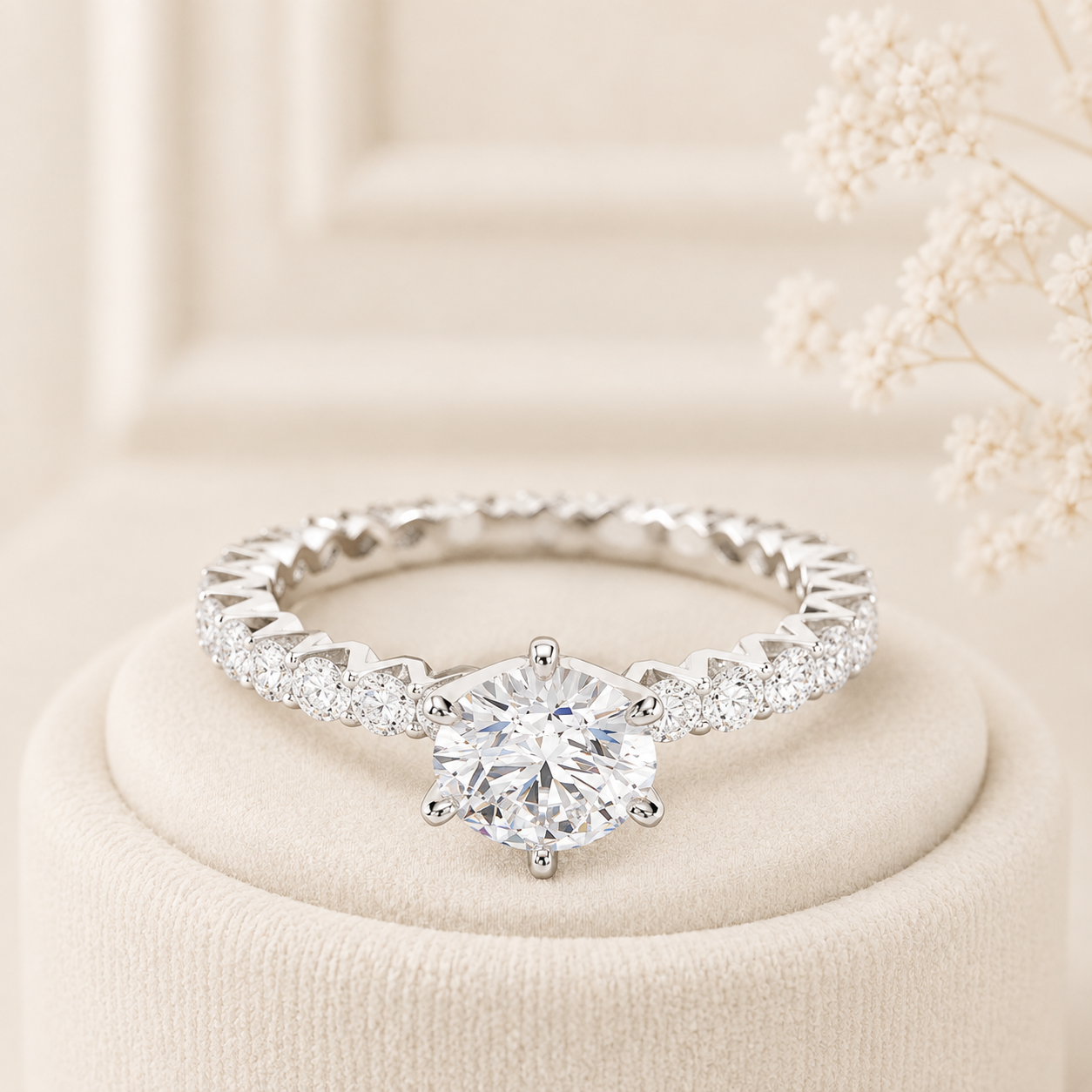Round Cut Lab Grown Diamond Engagement Ring, Pavé Band Ring, Rose Gold Bridal Ring, 6 Prong Solitaire Ring, Wedding Gift
