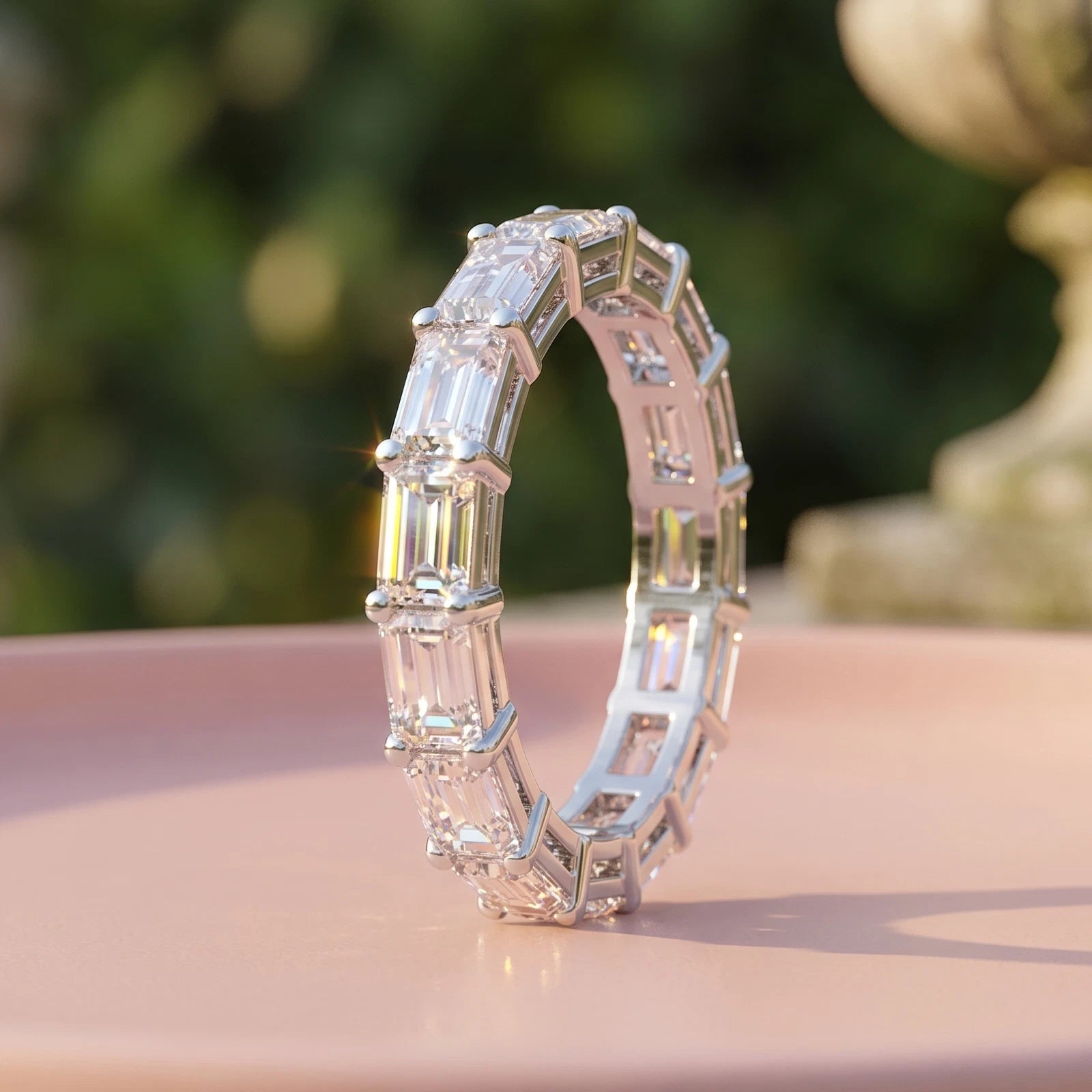 Emerald & Round Lab Diamond Eternity Band, Full Eternity Wedding Ring, White Gold Anniversary Band, Stacking Ring