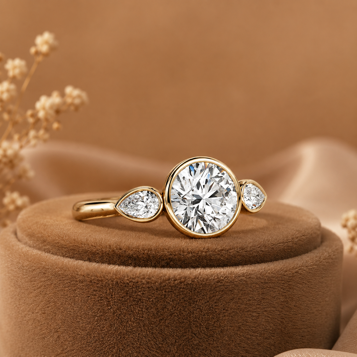 Round Brilliant Diamond Ring, Pear Side Stone Engagement Ring, 3 Stone Gold Ring, Bezel Set Wedding Ring, Minimalist Anniversary Ring