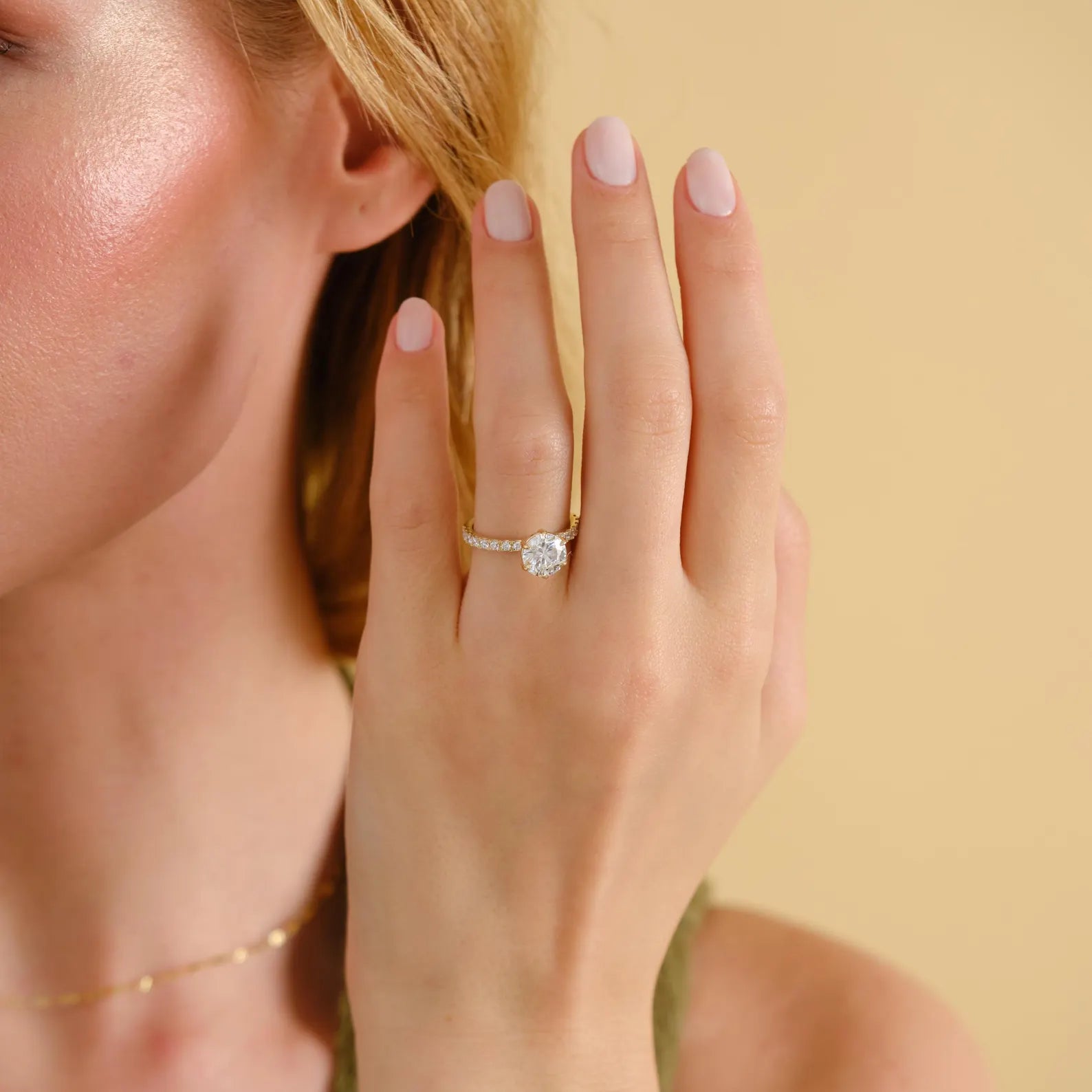 Round Cut Lab Grown Diamond Engagement Ring with Pave Band, Yellow Gold Solitaire Ring, IGI Certified Proposal Ring, Round Solitaire Ring