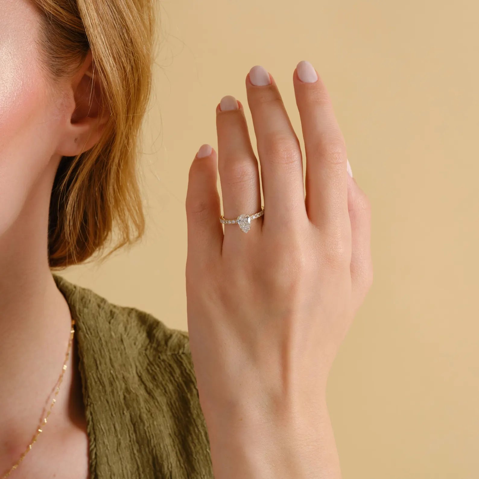 Pear Cut Lab Grown Diamond Engagement Ring, Yellow Gold Solitaire Ring with Pave Band, IGI Certified Bridal Ring, Teardrop Engagement Ring