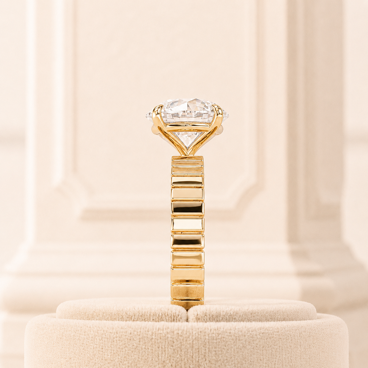 Round Diamond Engagement Ring, Wide Band Solitaire Ring, Lab Grown Diamond Ring, Yellow Gold Engagement Ring, Modern Geometric Ring