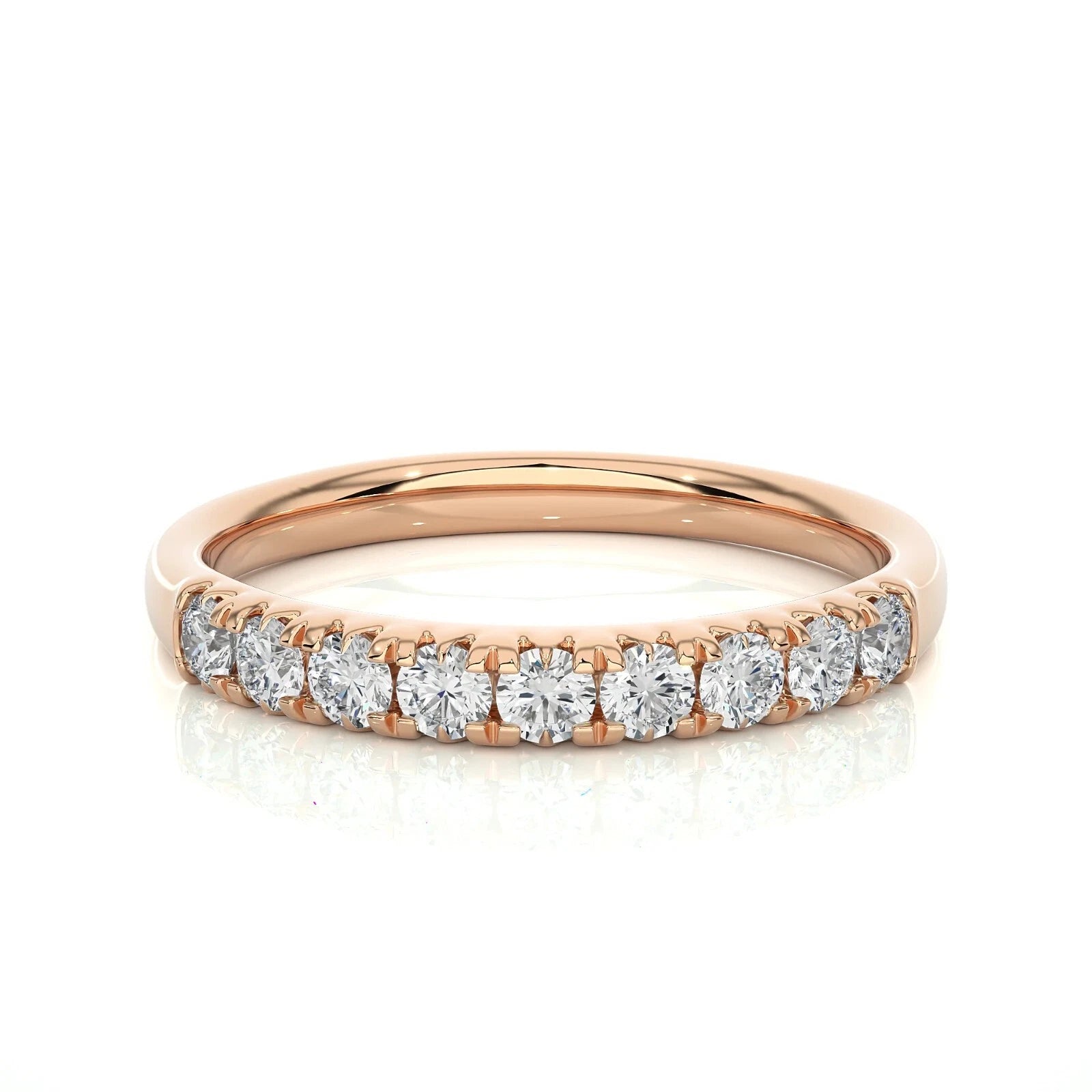 Round Diamond Half Eternity Wedding Band, Shared Prong Anniversary Ring, White Gold Diamond Band, Stackable Bridal Ring for Women